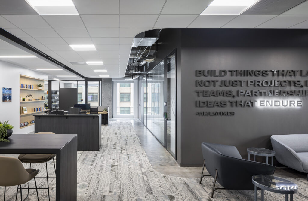 Fervo Energy - Houston, TX Corporate interior open and private office space, with high-end finishes, and a decorative wall quote.